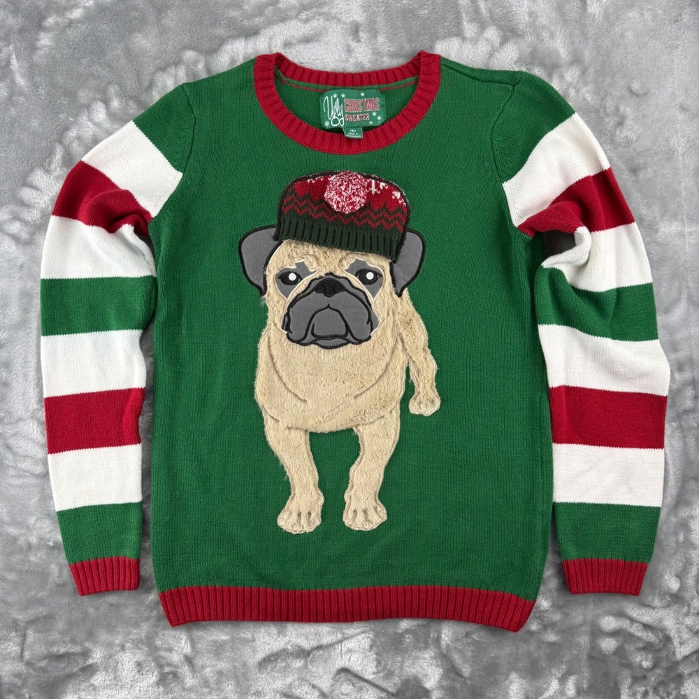 Ugly Christmas Sweater 3-D Pug Dog Green Striped Holiday Unisex Small RARE 2016